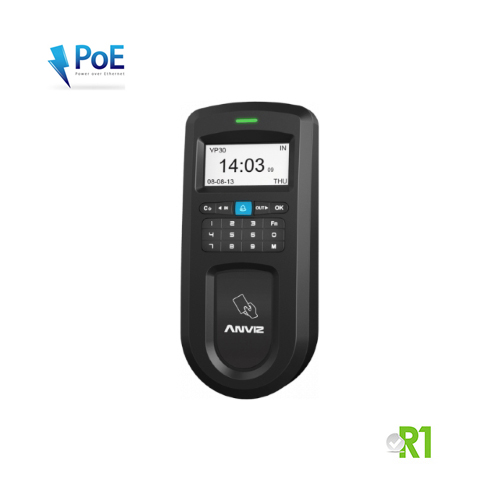 Anviz, VP30-P: RFID and/or PIN code and PoE (power over ethernet).